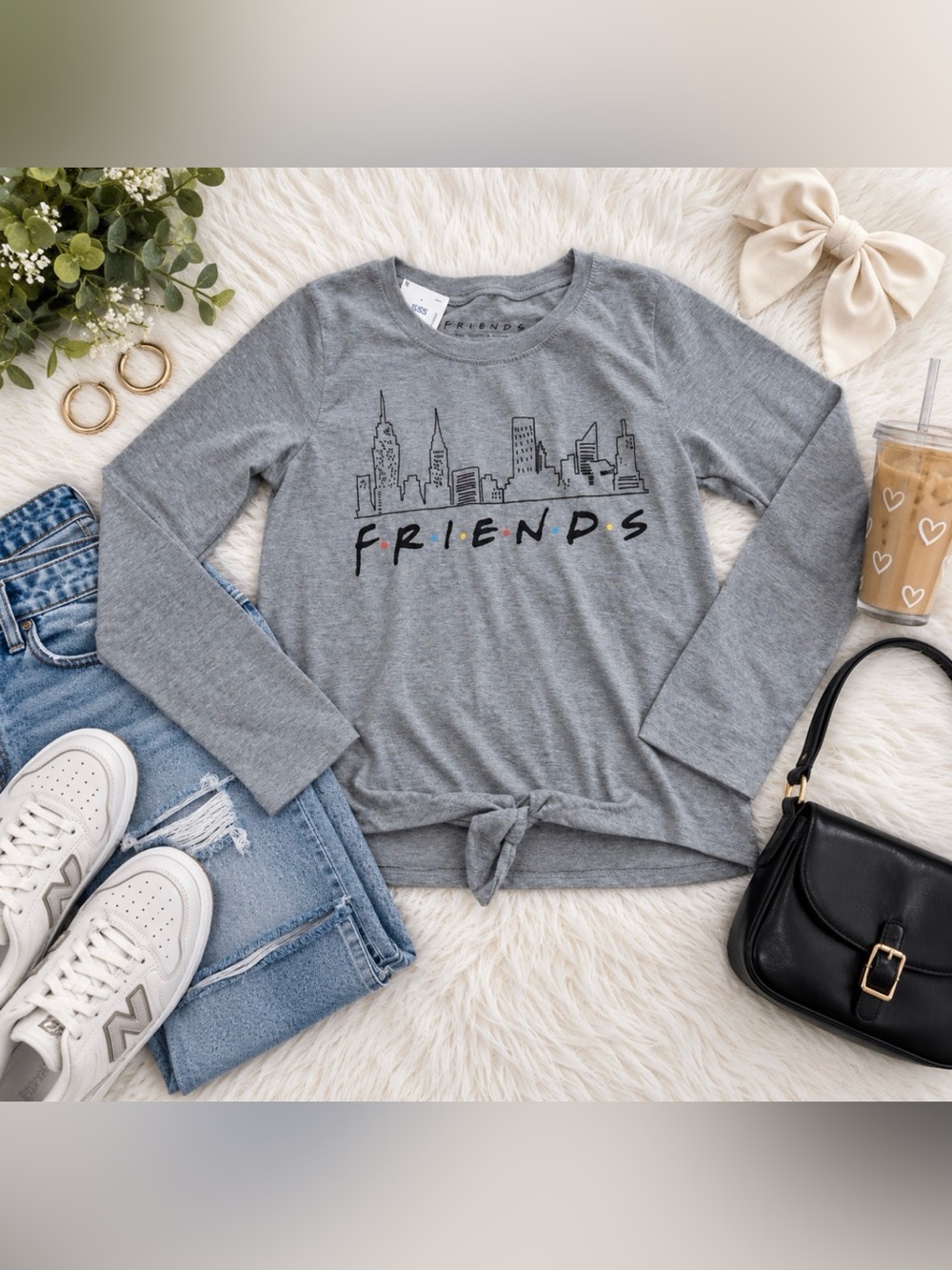 FRIENDS Gray Graphic Tie-Front Long Sleeve Top